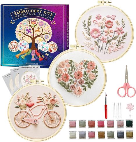 Huacan Embroidery Kit for Adults Beginner - Embroidery Kits for Adults Beginner 3 Pcs Stamped Heart Pattern, Hand Stitching Kit Art Craft, DIY Sewing Kit with Box 7.9 x 7.9 Inch in Kuwait