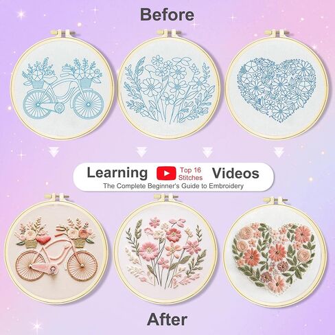 Huacan Embroidery Kit for Adults Beginner - Embroidery Kits for Adults Beginner 3 Pcs Stamped Heart Pattern, Hand Stitching Kit Art Craft, DIY Sewing Kit with Box 7.9 x 7.9 Inch in Saudi Arabia