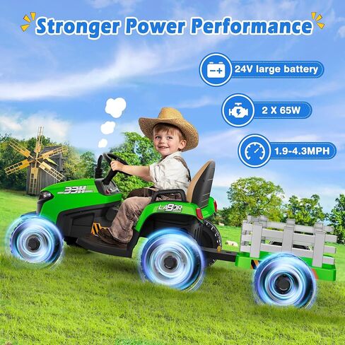 24V Ride On Tractor w/Tiltable & Detachable Trailer, 2x65W Motors, EVA Tires, Remote Control, Bluetooth, Shifter, Music, Electric Car for Kids (Green) in Saudi Arabia