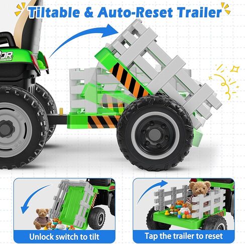 24V Ride On Tractor w/Tiltable & Detachable Trailer, 2x65W Motors, EVA Tires, Remote Control, Bluetooth, Shifter, Music, Electric Car for Kids (Green) in Saudi Arabia