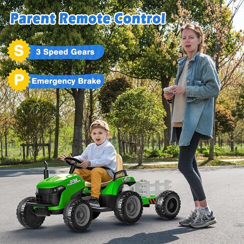 24V Ride On Tractor w/Tiltable & Detachable Trailer, 2x65W Motors, EVA Tires, Remote Control, Bluetooth, Shifter, Music, Electric Car for Kids (Green) in Saudi Arabia