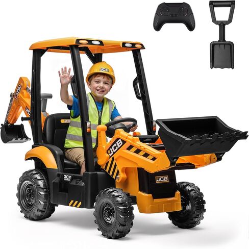 24V JCB Ride On Excavator for Kids, 3-in-1 Ride On Backhoe Digger with Front Loader & Rear Arm, Remote Control, Slow Start/Stop, Adjustable Speeds, Electric Construction Vehicle Toy for Ages 3–8 in Saudi Arabia