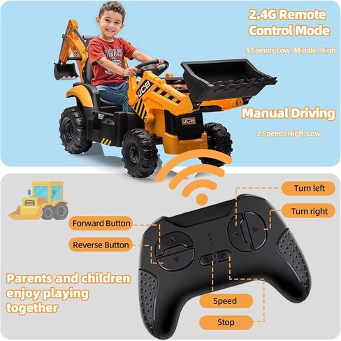 حفار JCB 24 فولت للأطفال، حفار حفار 3 في 1 مع محمل أمامي وذراع خلفي، جهاز تحكم عن بعد، تشغيل/إيقاف بطيء، سرعات قابلة للتعديل، لعبة مركبة بناء كهربائية للأعمار من 3 إلى 8 سنوات in Kuwait