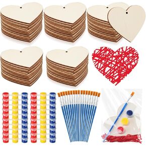 Foilswirl 30 Sets Valentine's Day DIY Heart Painting Kit Valentines Paint Set Complete Wooden Craft Set with Wooden Heart Paints Brushes Raffia and Gift Bags for Gifts Exchange Valentines Party Favor in Kuwait