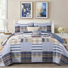 Annibedding Brown Quilt Set King Size,3 Pieces Plaid Striped Bedspread Coverlet Set for Spring,Reversible Patchwork Cozy Bedding with Pillowcases(King,110"x90") in Saudi Arabia