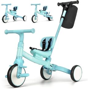 5 in 1 Toddler Tricycle with Steering Push Handle for 1 2 3 4 Years Old, Kids Trike with Removable Pedals, First Riding Toy Birthday Gift for Boys Girls, Blue in Kuwait