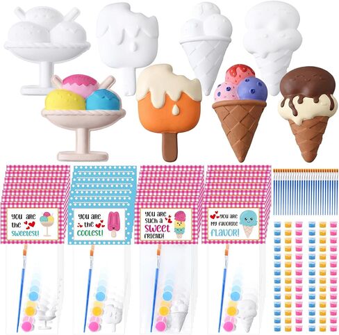 Foilswirl 28 Set Valentine's Day DIY Painting Kit Ceramic to Paint Your Own Ice Cream Statues Unpainted Plaster Figurines with Brushes Bags Valentine Cards for Party Gifts Exchange in Kuwait