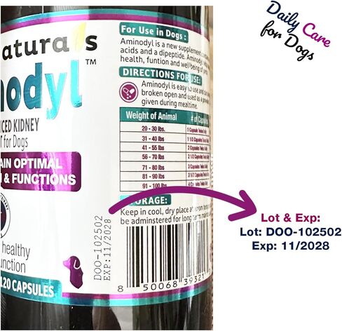 مكمل دعم الكلى Aminodyl™ 1100 مجم للكلاب - يدعم وظيفة الكلى الطبيعية بالأحماض الأمينية ويعزز بشكل كبير صحة ورفاهية وحيوية الكلى 120 كبسولة رش. صُنع في الولايات المتحدة الأمريكية in Kuwait
