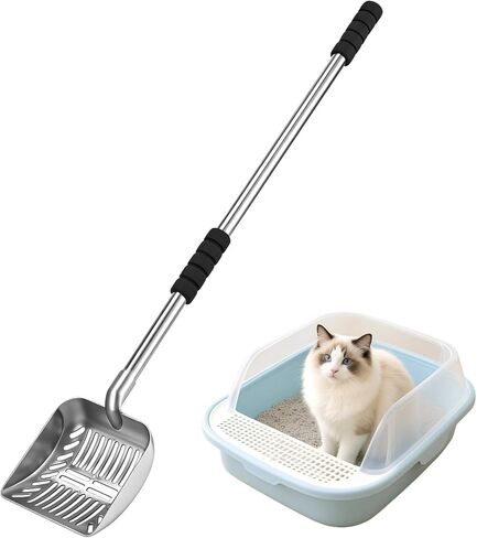 مغرفة فضلات القطط المعدنية، منخل بمقبض طويل 81.28 سم مع شبكة ضيقة 0.24 سم، مغرفة فضلات القطط شديدة التحمل مع قبضة إسفنجية، مجرفة نفايات الحيوانات الأليفة قابلة للفصل، مناسبة للاستخدام في المنزل ومتاجر الحيوانات الأليفة in Kuwait