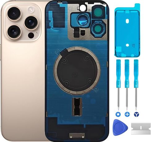 غطاء زجاجي خلفي أصلي 16 Pro Max استبدال باب البطارية وشريط مقاوم للماء، إطار كاميرا مثبت مسبقًا لهاتف iPhone 16 Pro Max أداة إصلاح جميع الحاملات (تيتانيوم طبيعي) in Kuwait