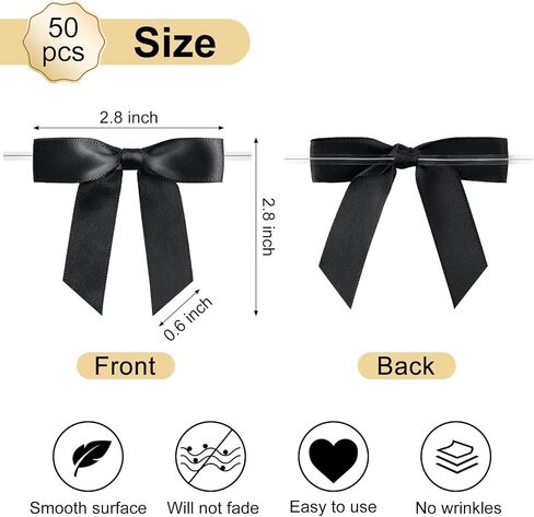 50 Pcs Black Satin Ribbon Bow, 2.8 x 2.8 Inch Premade Twist Tie Bow Decor for Crafts Gifts Wrapping Treat Bags Package Party Favors Wedding Birthday Baby Shower Decorations in Saudi Arabia