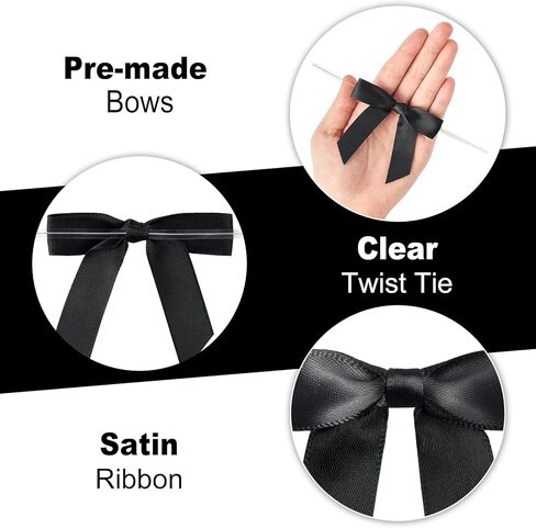 50 Pcs Black Satin Ribbon Bow, 2.8 x 2.8 Inch Premade Twist Tie Bow Decor for Crafts Gifts Wrapping Treat Bags Package Party Favors Wedding Birthday Baby Shower Decorations in Saudi Arabia