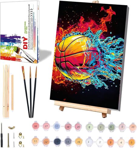 Basketball Paint by Numbers Kit for Kids with Framed Canvas - with Wooden Easel, Ball Sports Paint by Numbers for Kids Ages 8-12, Acrylic Oil Painting Kits with Nice Gift Box for Wall Decor 12x8 inch in Saudi Arabia