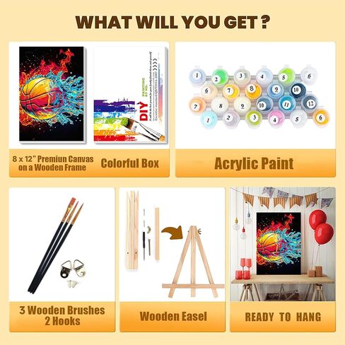 Basketball Paint by Numbers Kit for Kids with Framed Canvas - with Wooden Easel, Ball Sports Paint by Numbers for Kids Ages 8-12, Acrylic Oil Painting Kits with Nice Gift Box for Wall Decor 12x8 inch in Saudi Arabia