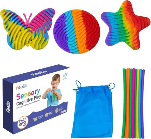Feelio Sensory Activity Fidget Toy Pack of 3 | Silicone Busy Board for Kids and Adults | Stress Relief and Cognitive Play | Multi-Color Autism Sensory Board with 36 Strings and Travel Bag in Saudi Arabia