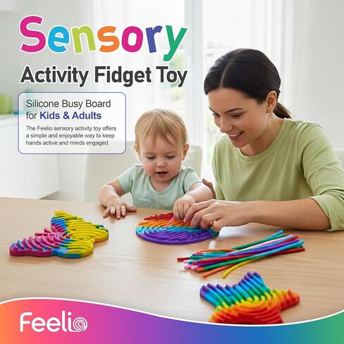 Feelio Sensory Activity Fidget Toy Pack of 3 | Silicone Busy Board for Kids and Adults | Stress Relief and Cognitive Play | Multi-Color Autism Sensory Board with 36 Strings and Travel Bag in Saudi Arabia