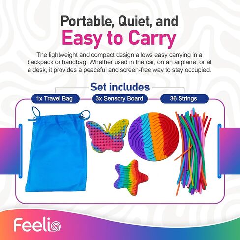 Feelio Sensory Activity Fidget Toy Pack of 3 | Silicone Busy Board for Kids and Adults | Stress Relief and Cognitive Play | Multi-Color Autism Sensory Board with 36 Strings and Travel Bag in Saudi Arabia