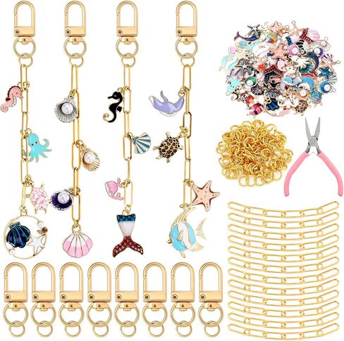 Tondiamo 286 Pcs Gold Keychain Making Kit Bulk Bag Charm Kit 120 Charms 20 Keychain Clips with Key Ring Swivel Snap Hook Lobster Claw Clasps 120 Jump Ring 25 Extender Chain Jewelry Plier DIY Craft in Saudi Arabia