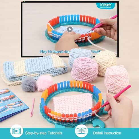 طقم نول قبعة الحياكة من IQKidz، مجموعات حرفية للأطفال للفتيات من عمر 7 8 إلى 12 سنة فما فوق، هدية ممتعة DIY للفتيات والمراهقات لصنع قبعة ووشاح بوم بوم مع مجموعة الكروشيه للمبتدئين in Saudi Arabia
