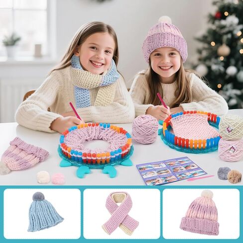 طقم نول قبعة الحياكة من IQKidz، مجموعات حرفية للأطفال للفتيات من عمر 7 8 إلى 12 سنة فما فوق، هدية ممتعة DIY للفتيات والمراهقات لصنع قبعة ووشاح بوم بوم مع مجموعة الكروشيه للمبتدئين in Saudi Arabia