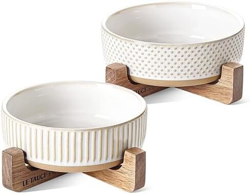 أوعية سيراميك للكلاب من LE TAUCI PET للكلاب الصغيرة والمتوسطة - 4 أكواب متوسطة الحجم من طعام الكلاب ومياه مع حامل خشبي، مجموعة أطباق لطيفة للحيوانات الأليفة مكونة من 2، خطوط + نقاط in Kuwait