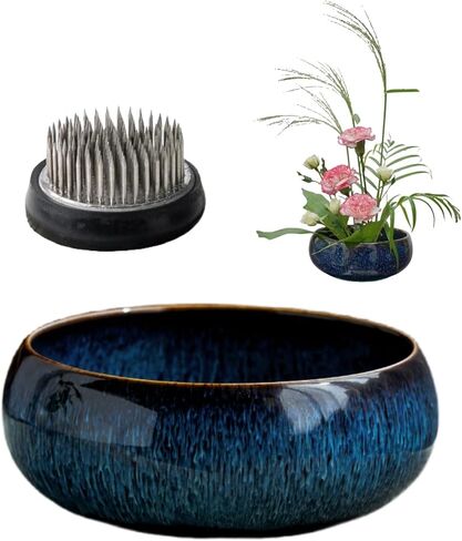 Water Lotus Bowl Planter Kit - Japanese Compote Bowl Ikebana Vase Set w/ 1.8" Floral Frog- Ideal for Ikebana, Flower Arrangement & Hydroponic Planting (Blue) in Saudi Arabia