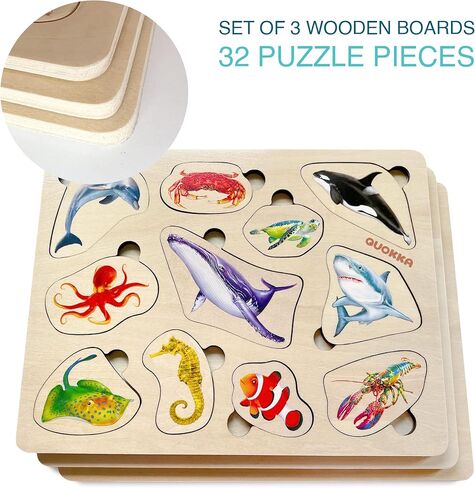 QUOKKA Wooden Puzzles for Toddlers 1-3 – 3xSET Toddler Puzzles Ages 2-4 – Montessori Animal Toy Puzzle for Toddlers 3-5 Year Old – Wood Toy Learning Realistic Animals for Boy and Girl in Kuwait
