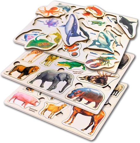 QUOKKA Wooden Puzzles for Toddlers 1-3 – 3xSET Toddler Puzzles Ages 2-4 – Montessori Animal Toy Puzzle for Toddlers 3-5 Year Old – Wood Toy Learning Realistic Animals for Boy and Girl in Kuwait