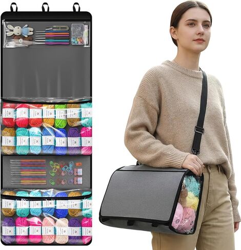 Knitting Yarn Storage Bag,Over The Door Hanging Yarn Organizer Bag with Shoulder Straps and Handles,5 Zipper Closure Compartments & Detachable Crochet Bag for Outdoor Indoor Yarns Enthusiasts in Saudi Arabia