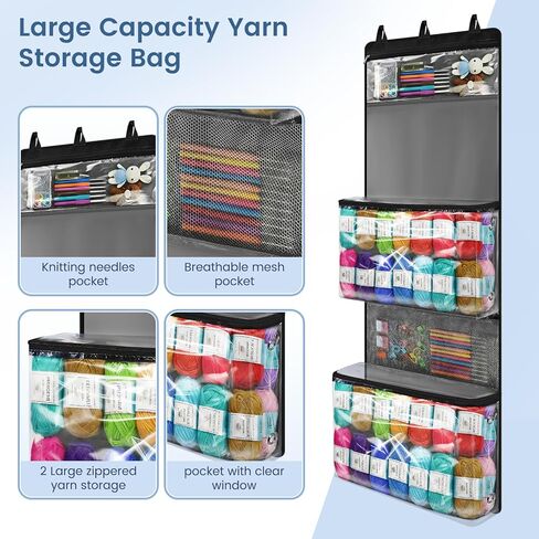 Knitting Yarn Storage Bag,Over The Door Hanging Yarn Organizer Bag with Shoulder Straps and Handles,5 Zipper Closure Compartments & Detachable Crochet Bag for Outdoor Indoor Yarns Enthusiasts in Saudi Arabia