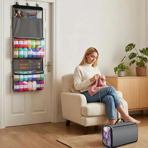 Knitting Yarn Storage Bag,Over The Door Hanging Yarn Organizer Bag with Shoulder Straps and Handles,5 Zipper Closure Compartments & Detachable Crochet Bag for Outdoor Indoor Yarns Enthusiasts in Saudi Arabia