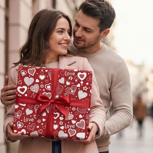 ورق تغليف عيد الحب الأحمر من GIOLNIAY - غلاف هدايا على شكل قلب باللونين الأحمر والأبيض مع نص حب - 4 أوراق ضخمة، مقاس 28 بوصة × 40 بوصة لكل منها، سهلة التخزين، رائعة للذكرى السنوية وحفلات الزفاف وأعياد الميلاد in Saudi Arabia