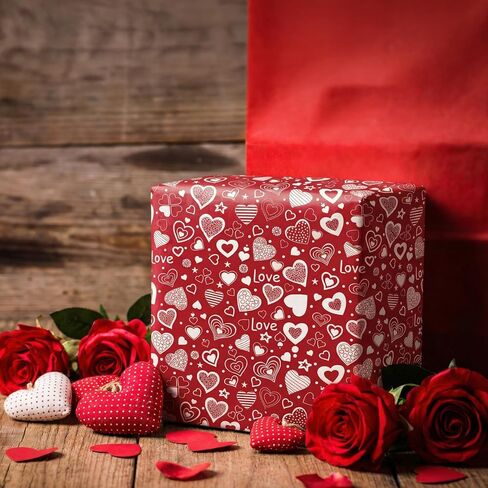 ورق تغليف عيد الحب الأحمر من GIOLNIAY - غلاف هدايا على شكل قلب باللونين الأحمر والأبيض مع نص حب - 4 أوراق ضخمة، مقاس 28 بوصة × 40 بوصة لكل منها، سهلة التخزين، رائعة للذكرى السنوية وحفلات الزفاف وأعياد الميلاد in Saudi Arabia