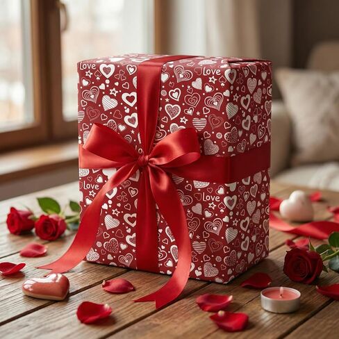 ورق تغليف عيد الحب الأحمر من GIOLNIAY - غلاف هدايا على شكل قلب باللونين الأحمر والأبيض مع نص حب - 4 أوراق ضخمة، مقاس 28 بوصة × 40 بوصة لكل منها، سهلة التخزين، رائعة للذكرى السنوية وحفلات الزفاف وأعياد الميلاد in Saudi Arabia