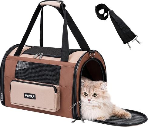 Collapsible Small Pet Carrier for Cat 15 lbs with Fashion Pocket, Lightweight Sturdy Travel Carry Bag Little Puppy Dog, Breathable Stylish Kitten Soft Cage Kennel, 17.7x11.0x11.8 Inch Khaki in Saudi Arabia