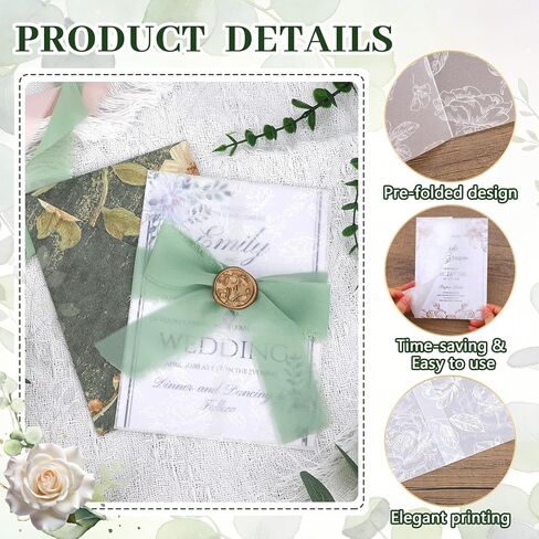 50 Pack Pre-Folded Vellum Jackets for 5x7 Invitations - White Flower - 115GSM Printed Translucent Vellum Jacket,Vellum Wraps for Wedding Invitations Sleeves, Baby Shower, Birthday in Saudi Arabia
