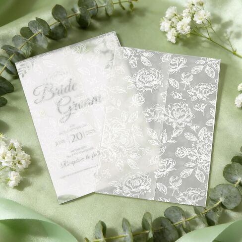 50 Pack Pre-Folded Vellum Jackets for 5x7 Invitations - White Flower - 115GSM Printed Translucent Vellum Jacket,Vellum Wraps for Wedding Invitations Sleeves, Baby Shower, Birthday in Saudi Arabia
