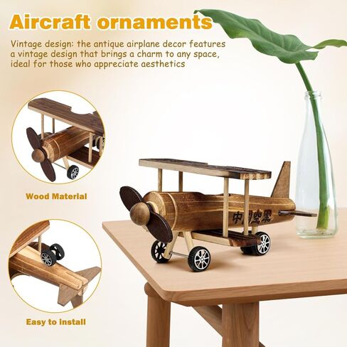 Veemoon Wood Airplane Model, Wooden Vintage Airplane Small Toy Wood Plane Model Biplane Ornament for Kids Room Home Tabletop Nursery Decor in Saudi Arabia