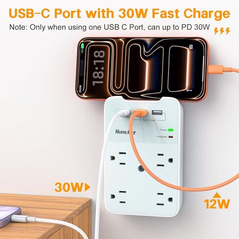 منفذ حائط بمقابس USB، واقي من التيار الزائد مع USB، منفذ توصيل متعدد Huntkey 1080 جول، 6 منافذ توصيل حائط مع منفذي USB in Kuwait