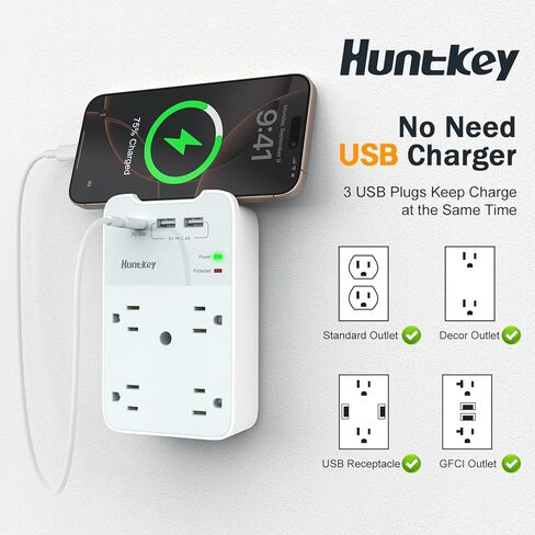 منفذ حائط بمقابس USB، واقي من التيار الزائد مع USB، منفذ توصيل متعدد Huntkey 1080 جول، 6 منافذ توصيل حائط مع منفذي USB in Kuwait
