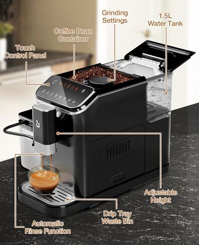 CABIHOME Automatic Espresso Machine with Manual Milk Frother & Built in Grinder, One-Touch Design, 20 Bar Pressure 120V, 6 Custom Recipes, 1.5L Water Tank, Auto Self-Cleaning for Home & Office, Black in Saudi Arabia