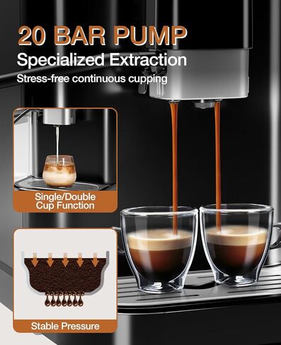 CABIHOME Automatic Espresso Machine with Manual Milk Frother & Built in Grinder, One-Touch Design, 20 Bar Pressure 120V, 6 Custom Recipes, 1.5L Water Tank, Auto Self-Cleaning for Home & Office, Black in Saudi Arabia
