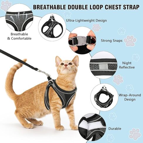 2026 Upgrade Cat Harness, Cat Harness Escape Proof, Adjustable CAT Harness and Leash Design for Outdoor Cats, Soft Mesh Vest Harness with Reflective Safety Strips (Black, XS-6.6-17.6LB) in Saudi Arabia