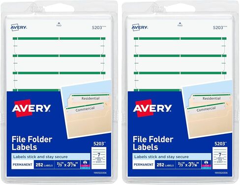 ملصقات مجلد ملف Avery على أوراق 4 بوصة × 6 بوصة، سهل القشر، أبيض/أخضر، طباعة أو كتابة، 2/3 بوصة × 3-7/16 بوصة، 252 ملصق (5203) in Kuwait