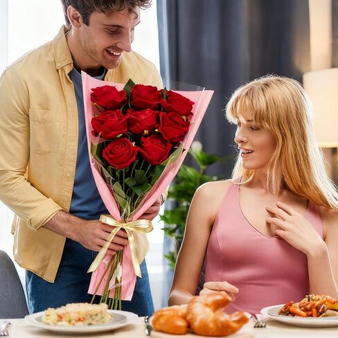 50 عبوة من أكياس الزهور الوردية للباقات من موبروي، أكياس تغليف الزهور، أكمام ملفوفة على شكل زهور كرافت مع أشرطة لمستلزمات زهور الزفاف في عيد الحب (18 × 12 بوصة) in Kuwait