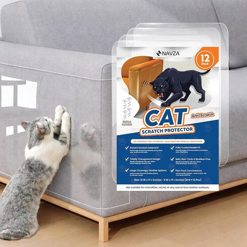 NAVZA® Cat Scratch Furniture Protector, 12 Pcs Couch Protector from Cat Claws Single Side Sticky Sheets, Easy Apply, Anti Scratch Furniture Protector for Sofa Corners, Walls, Doors with 50 Twist Pins in Kuwait