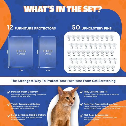 NAVZA® Cat Scratch Furniture Protector, 12 Pcs Couch Protector from Cat Claws Single Side Sticky Sheets, Easy Apply, Anti Scratch Furniture Protector for Sofa Corners, Walls, Doors with 50 Twist Pins in Kuwait