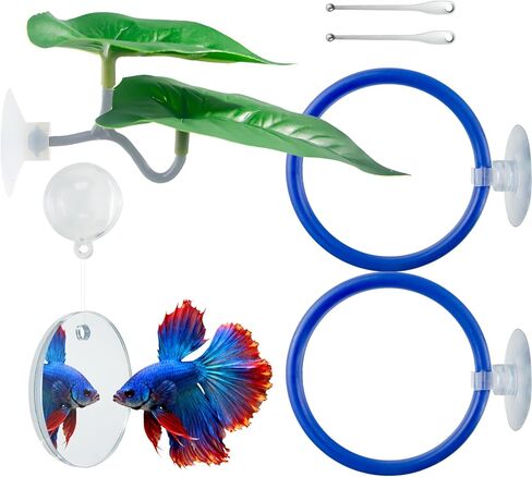 Betta Fish Toy Set,Betta Training Floating Mirror, Training/Feeding Ring, Spoon, and Resting Leaf. Promotes Exercise. Betta Toys, Resting & Feeding Kit in Saudi Arabia