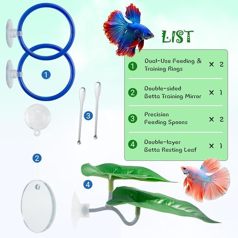 Betta Fish Toy Set,Betta Training Floating Mirror, Training/Feeding Ring, Spoon, and Resting Leaf. Promotes Exercise. Betta Toys, Resting & Feeding Kit in Saudi Arabia
