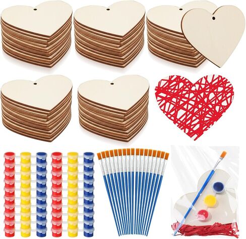Foilswirl 30 Sets Valentine's Day DIY Heart Painting Kit Valentines Paint Set Complete Wooden Craft Set with Wooden Heart Paints Brushes Raffia and Gift Bags for Gifts Exchange Valentines Party Favor in Kuwait